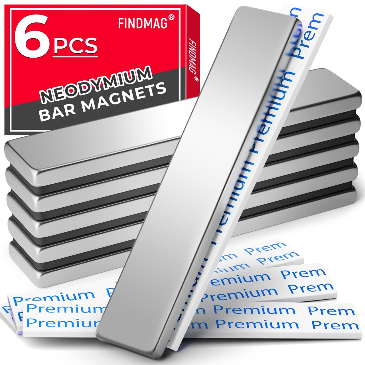 Neodymium Magnet, 6 Pack Bar Magnets Strong Heavy Duty Magnets with Adhesive Backing, Magnetic Strip Rare Earth Magnet for Crafts, Refrigerator, Door, Science- 60 x 10 x 3 mm, Silver